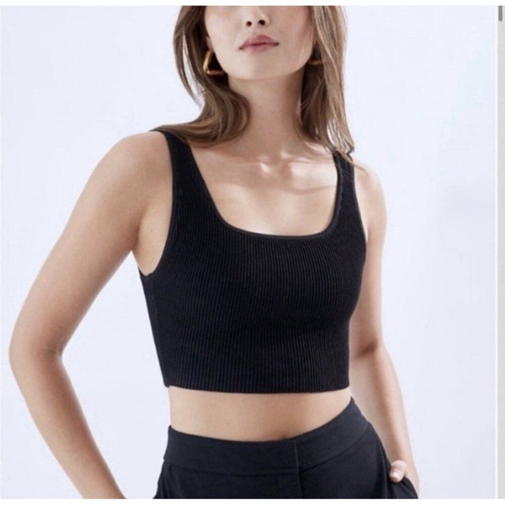 babaton knit Ribbed Nylon solid black crop square neck tank top Xs